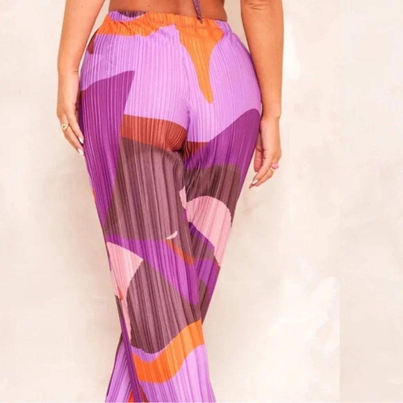 Pretty Little Thing Plisse High Waisted Wide Leg Trousers Pink Purple‎ Print 4 - Picture 2 of 11